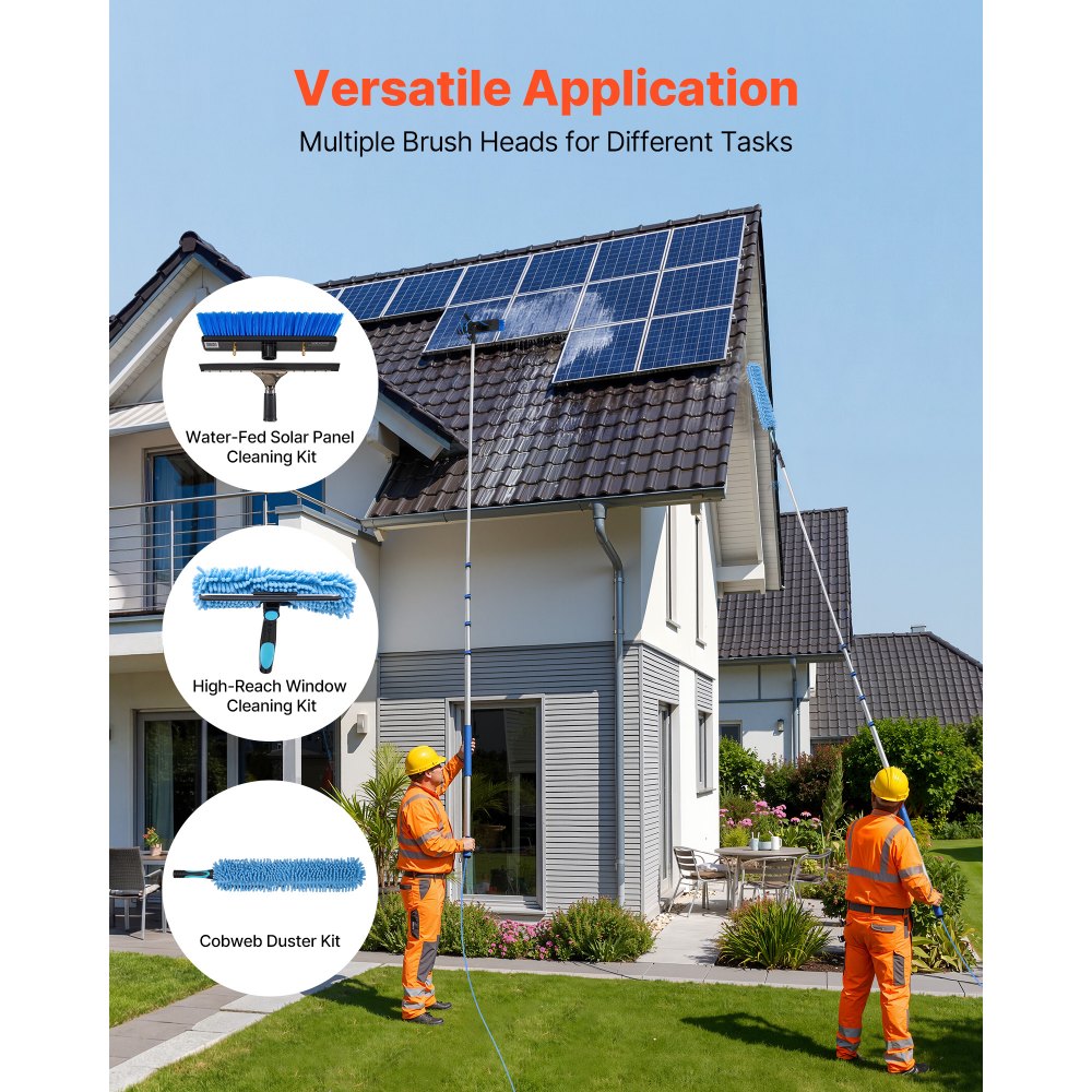 VEVOR Solar Panel Cleaning Kit, 24 ft, Water Fed Pole Kit with Cleaning Brush, Soap Dispenser, Extendable Aluminum Telescopic Pole, 180° Rotatable Brush Head, for Roof Mounted Solar Panels, Windows