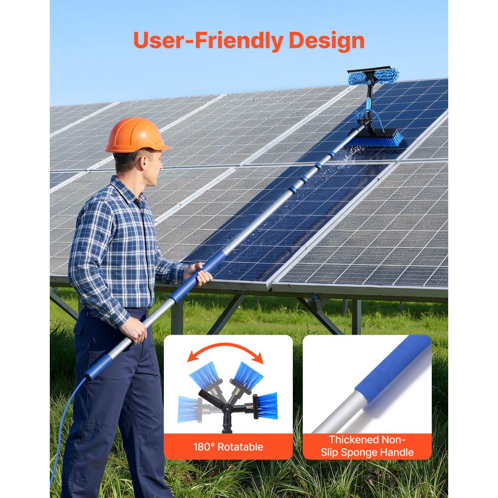 VEVOR Solar Panel Cleaning Kit, 24 ft, Water Fed Pole Kit with Cleaning Brush, Soap Dispenser, Extendable Aluminum Telescopic Pole, 180° Rotatable Brush Head, for Roof Mounted Solar Panels, Windows