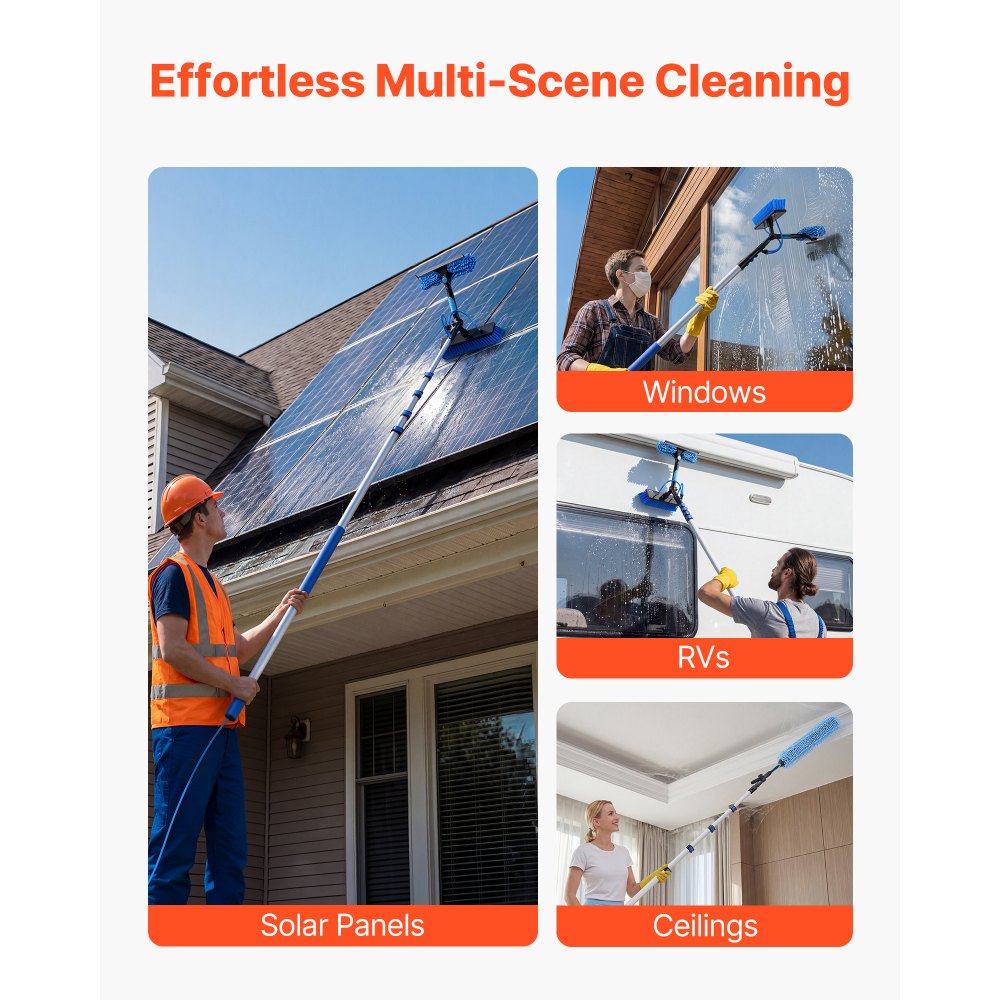 VEVOR Solar Panel Cleaning Kit, 24 ft, Water Fed Pole Kit with Cleaning Brush, Soap Dispenser, Extendable Aluminum Telescopic Pole, 180° Rotatable Brush Head, for Roof Mounted Solar Panels, Windows