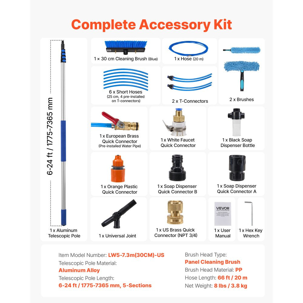 VEVOR Solar Panel Cleaning Kit, 24 ft, Water Fed Pole Kit with Cleaning Brush, Soap Dispenser, Extendable Aluminum Telescopic Pole, 180° Rotatable Brush Head, for Roof Mounted Solar Panels, Windows