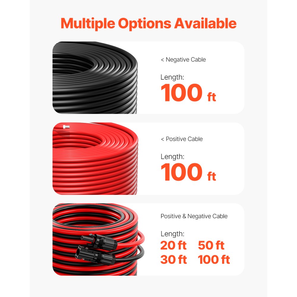 VEVOR 100FT Solar Panel Extension Cable 10AWG Waterproof PV 6mm² Cable Black