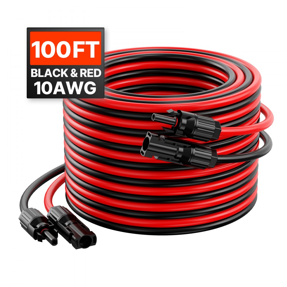 VEVOR 100FT Solar Panel Extension Cable, 10AWG Solar Extension Cable Wire with Female & Male Waterproof Connectors, 6mm² PV Cable for Home, Ship and RV Solar Panels, 100FT Black + 100FT Red (Set of 2)