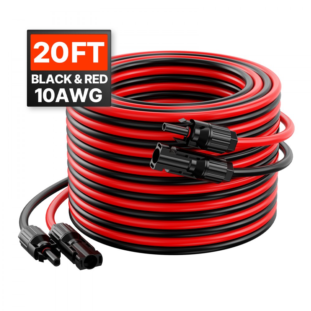 VEVOR 20FT Solar Panel Extension Cable, 10AWG Solar Extension Cable Wire with Female & Male Waterproof Connectors, 6mm² PV Cable for Home, Ship and RV Solar Panels, 20FT Black + 20FT Red (Set of 2)