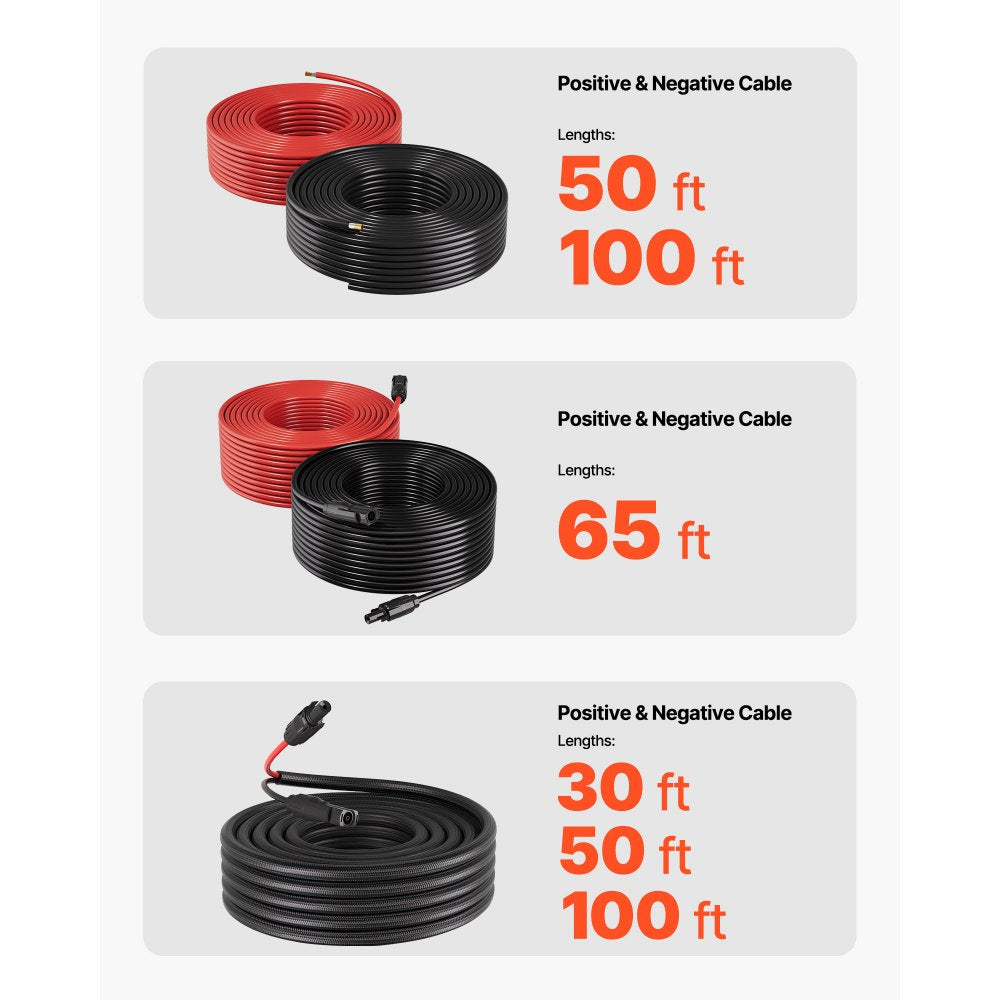 VEVOR Solar Panel Wire, 50 ft Black + 50 ft Red Kit, 10 AWG (6 mm²) Solar Panel Extension Cable, PV Tinned Copper Wire, for Outdoor Home Off-Grid Photovoltaic Systems Automotive RV Boat Marine, IP67