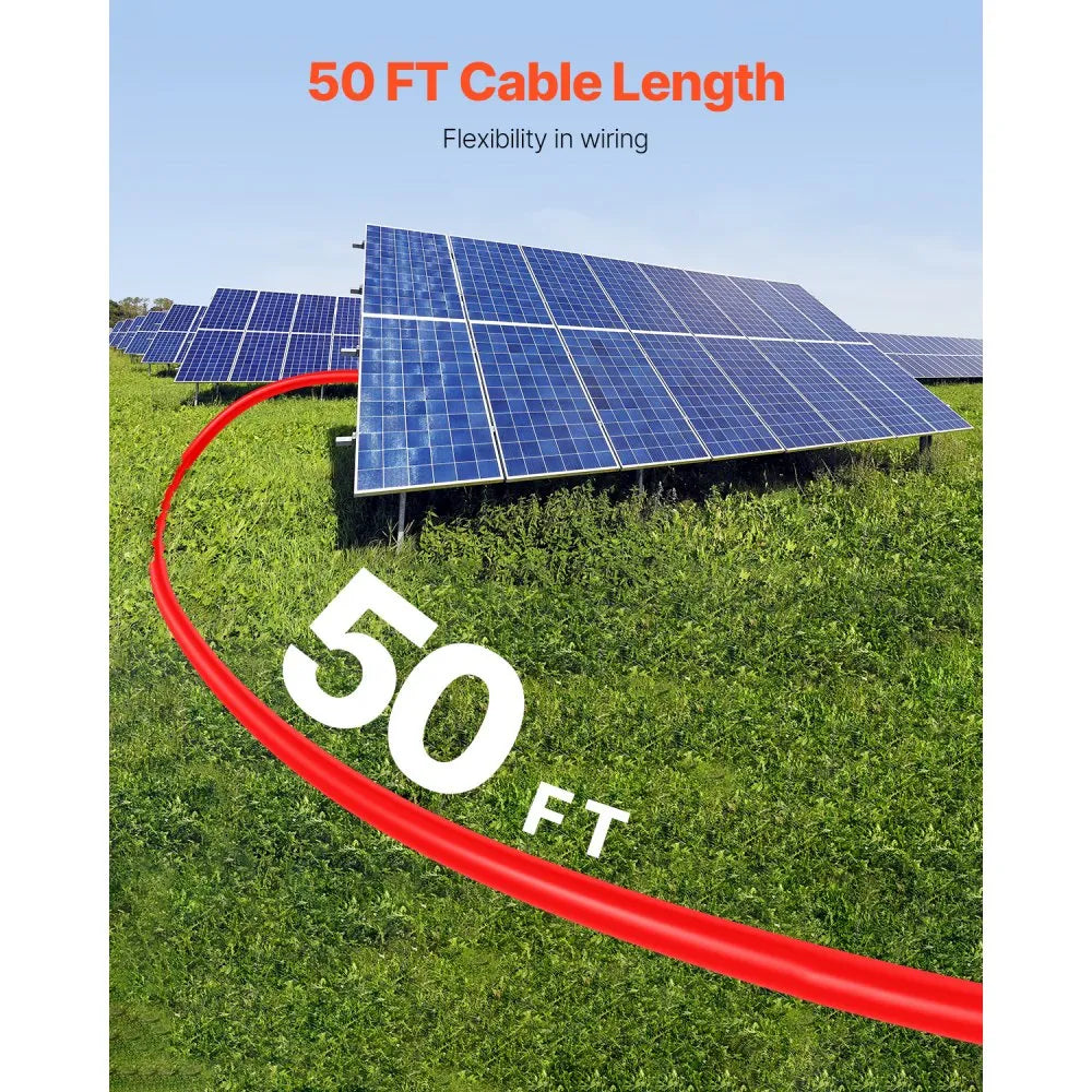 VEVOR 50FT Solar Panel Extension Cable, 10AWG Solar Extension Cable Wire with Female & Male Waterproof Connectors, 6mm² PV Cable for Home, Ship and RV Solar Panels, 50FT Black + 50FT Red (Set of 2)