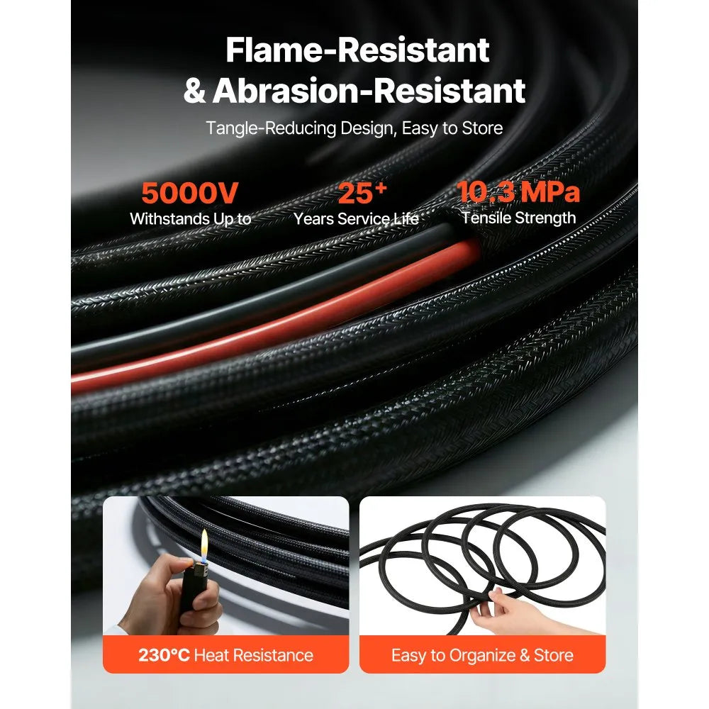 VEVOR 100FT Solar Panel Extension Cable, 10 AWG, Solar Panel Wire with Flame Retardant Protective Sleeving, Female and Male Connectors, IP67 Waterproof PV Wire, for Outdoor Automotive RV, Black & Red