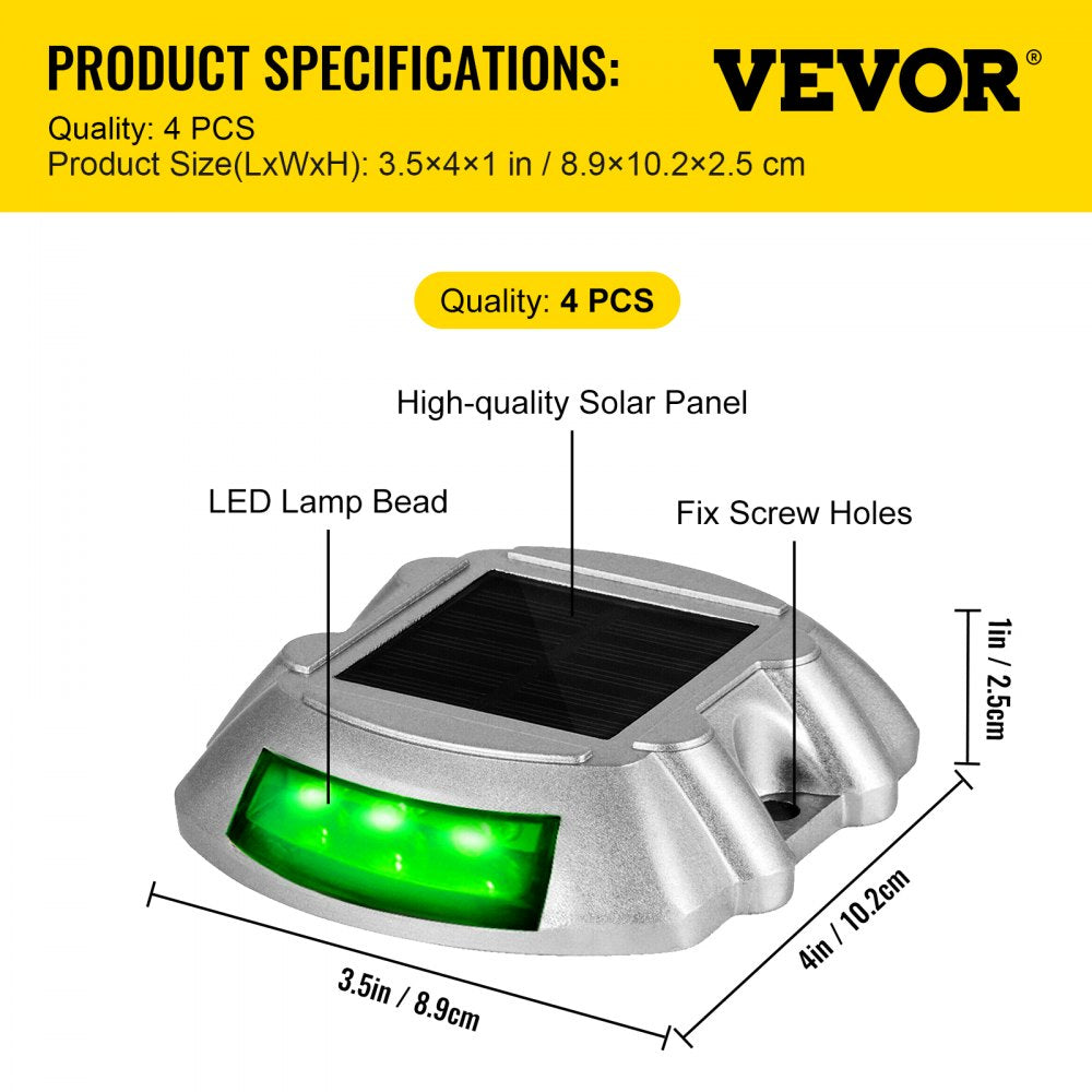 Vevor Driveway Lights, 4-Pack Solar Driveway Lights with Switch Button, Solar Deck Lights Waterproof, Wireless Dock Lights 6 LEDs for Path Warning Garden Walkway Sidewalk Steps, LED Bright Green