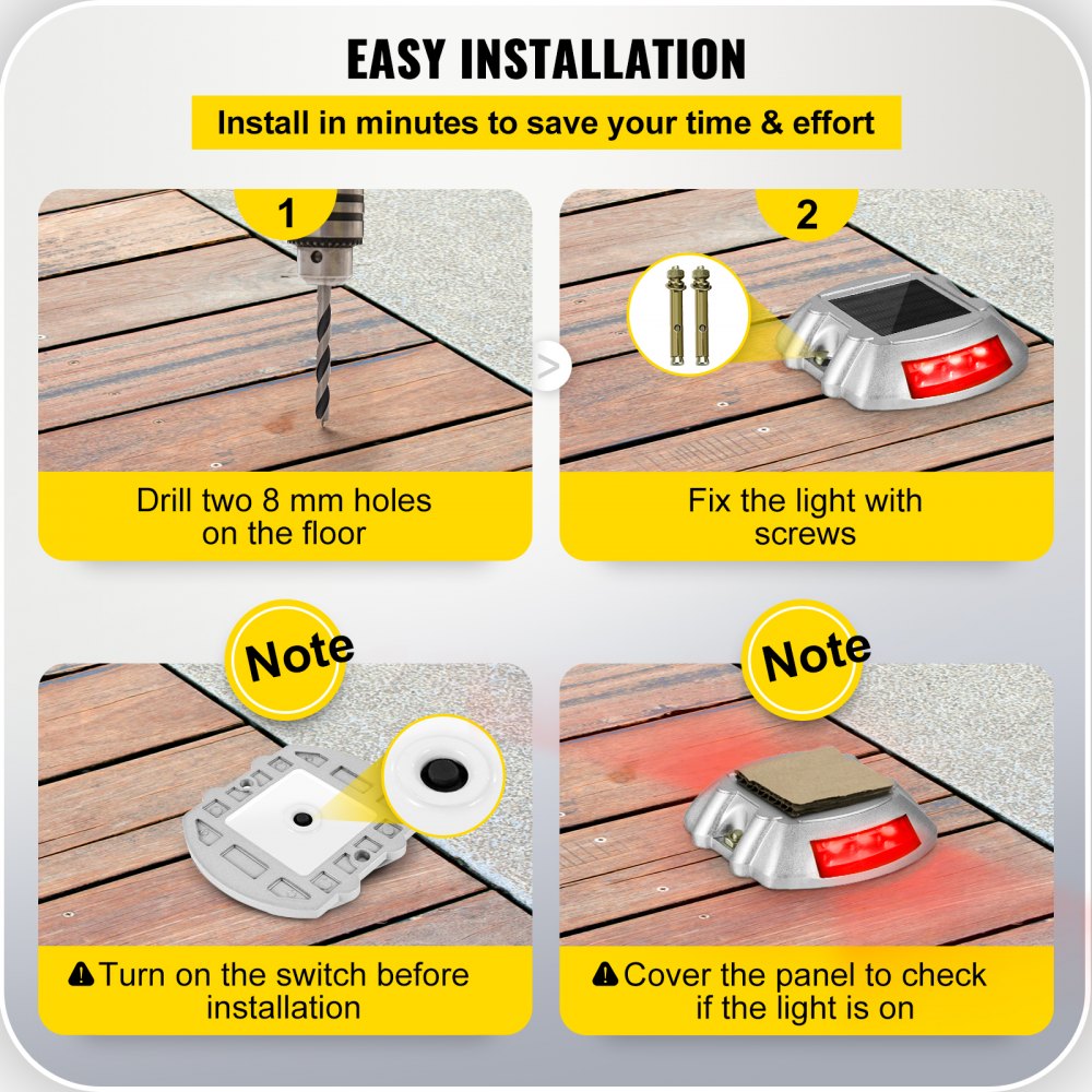 Vevor Driveway Lights, 4-Pack Solar Driveway Lights with Switch Button, Solar Deck Lights Waterproof, Wireless Dock Lights 6 LEDs for Path Warning Garden Walkway Sidewalk Steps, LED Bright Red
