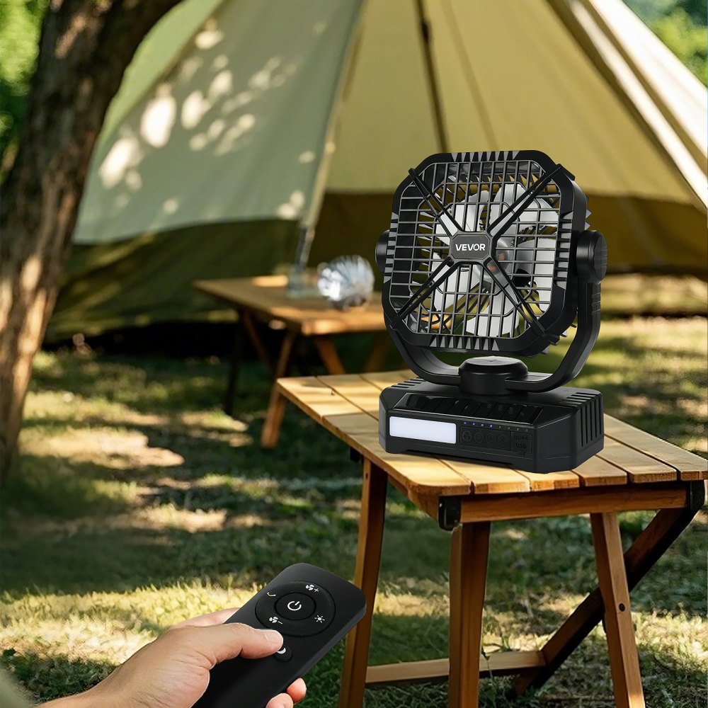 VEVOR 10400mAh Solar fan, Camping Fan with Solar Panel & LED Lantern, 7W 8 Inch Portable Rechargeable Battery Powered for Outside, 4-Speed and Quiet Operated for Picnic, Barbecue, Fishing, Travel