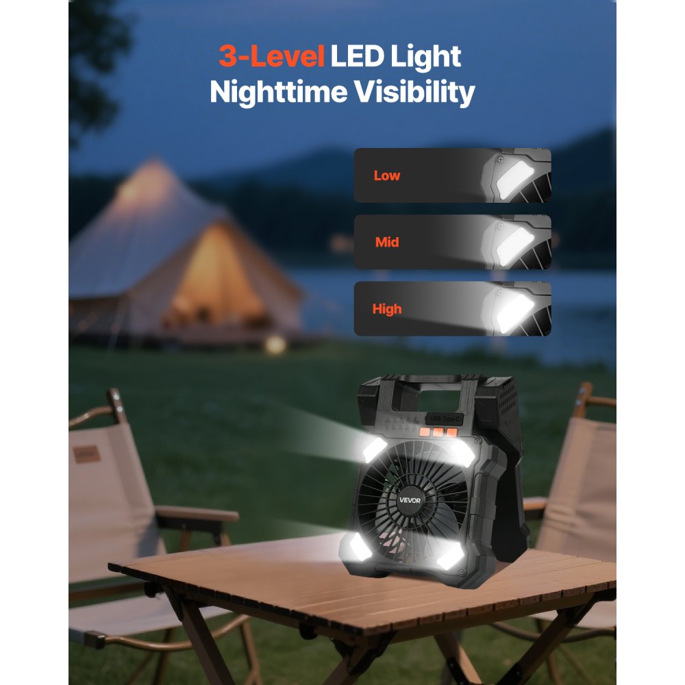 VEVOR 20000mAh Rechargeable Solar Fan with LED Lantern, 8 inch Portable Fan Cordless with 7W Foldable Solar Panel, 5-Speed& Timer& Quiet,USB Battery Powered for Camping Tent Worksite Office Desk