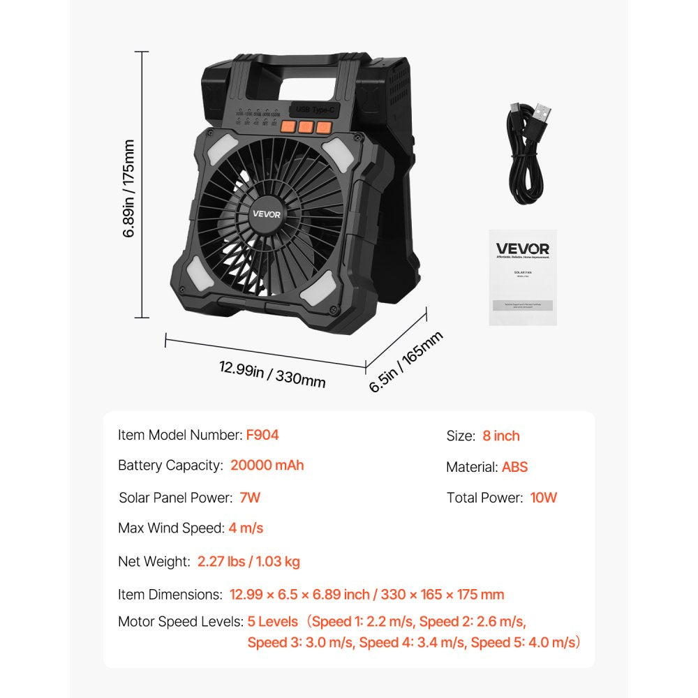 VEVOR 20000mAh Rechargeable Solar Fan with LED Lantern, 8 inch Portable Fan Cordless with 7W Foldable Solar Panel, 5-Speed& Timer& Quiet,USB Battery Powered for Camping Tent Worksite Office Desk