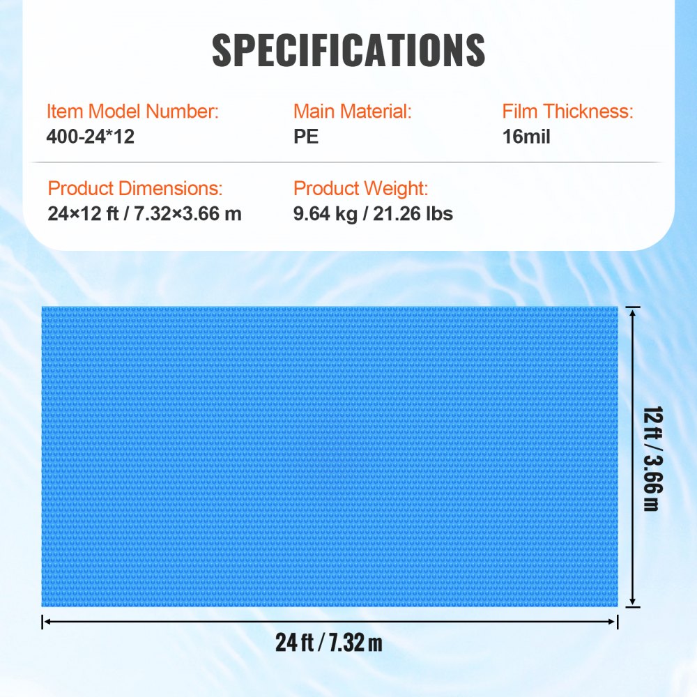 VEVOR Solar Pool Cover, 24 x 12 ft Rectangle Solar Blanket for Pools, Inground Above Ground Swimming Pool Solar Cover, 16 mil Solar Covers Blue