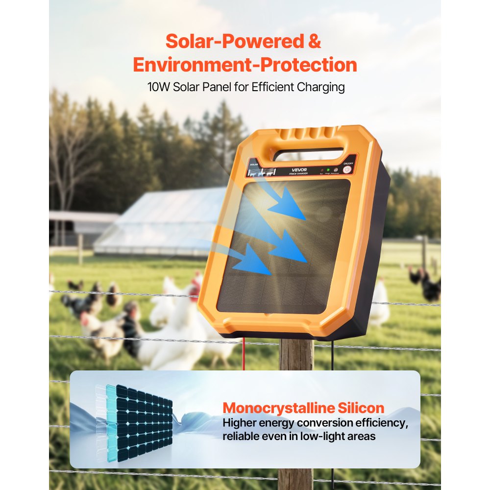 VEVOR Solar Fence Charger,  0.3J 8 kV Solar Powered Fence Charger, 1.86 Miles Range, Weather-Resistant Electric Fence Energizer Kit, 7 Days Runtime, for Livestock, Poultry, Garden Protection