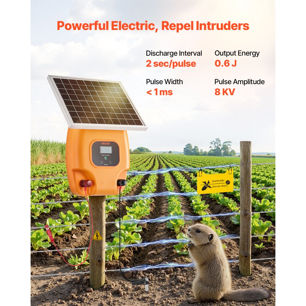 VEVOR Solar Fence Charger,  0.6J 8kV Solar Powered Fence Charger, 1.86 Miles Range, Electric Fence Energizer Kit, Keep Out Predators, 4-5 Days Runtime, for Livestock, Poultry, Garden Protection