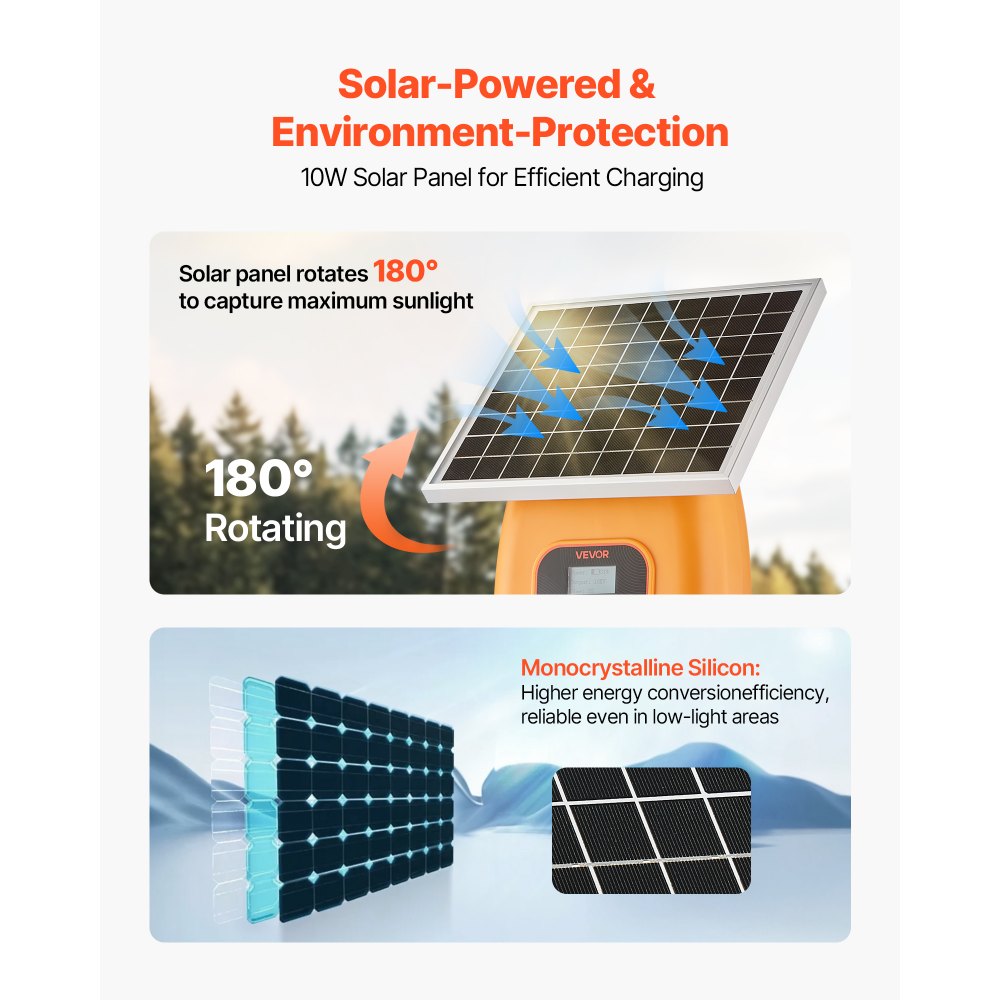 VEVOR Solar Fence Charger, 1J 10kV Solar Powered Fence Charger, 1.86 Miles Range, Electric Fence Energizer Kit, Keep Out Predators, 3 Days Runtime, for Livestock, Poultry, Garden Protection