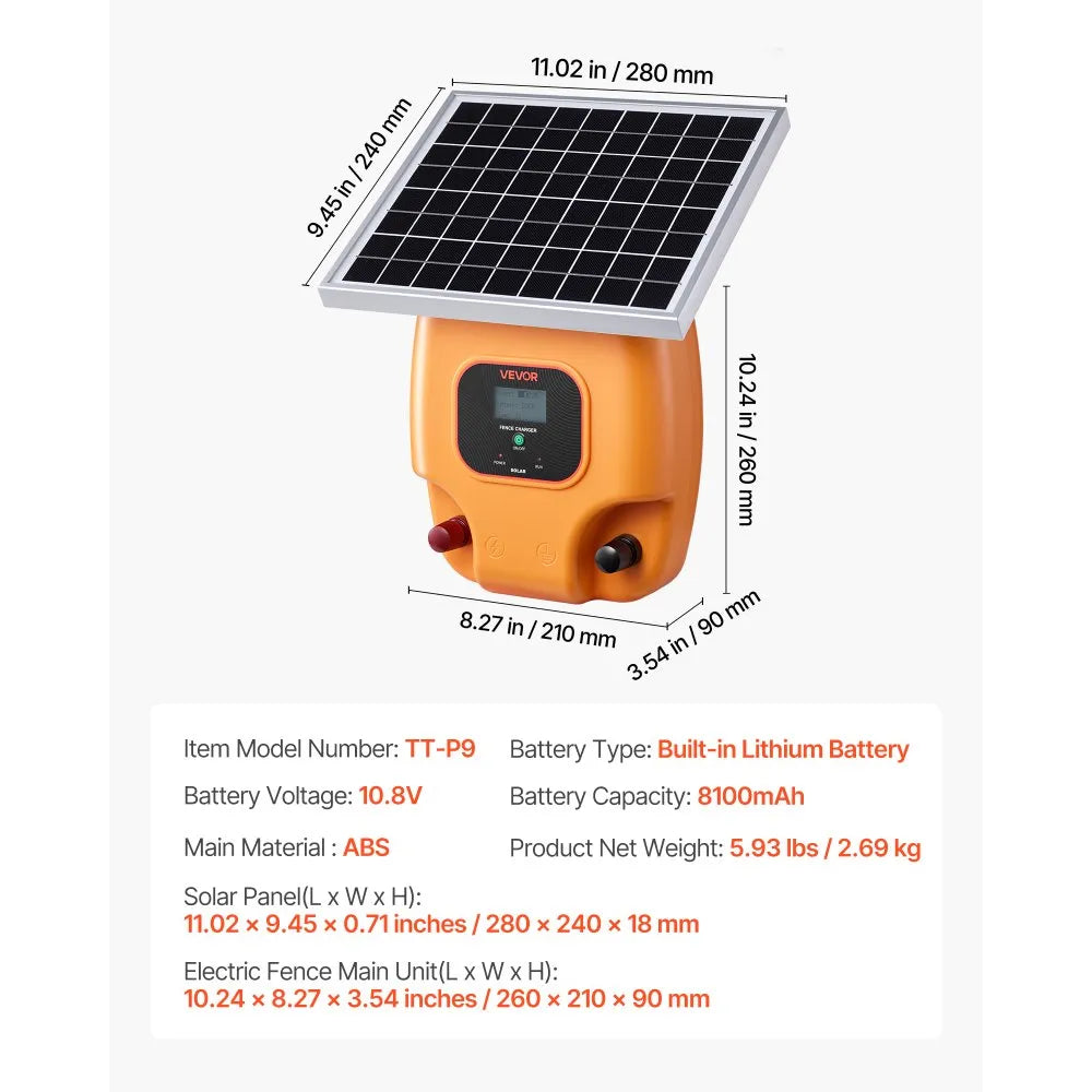 VEVOR Solar Fence Charger, 1J 10kV Solar Powered Fence Charger, 1.86 Miles Range, Electric Fence Energizer Kit, Keep Out Predators, 3 Days Runtime, for Livestock, Poultry, Garden Protection