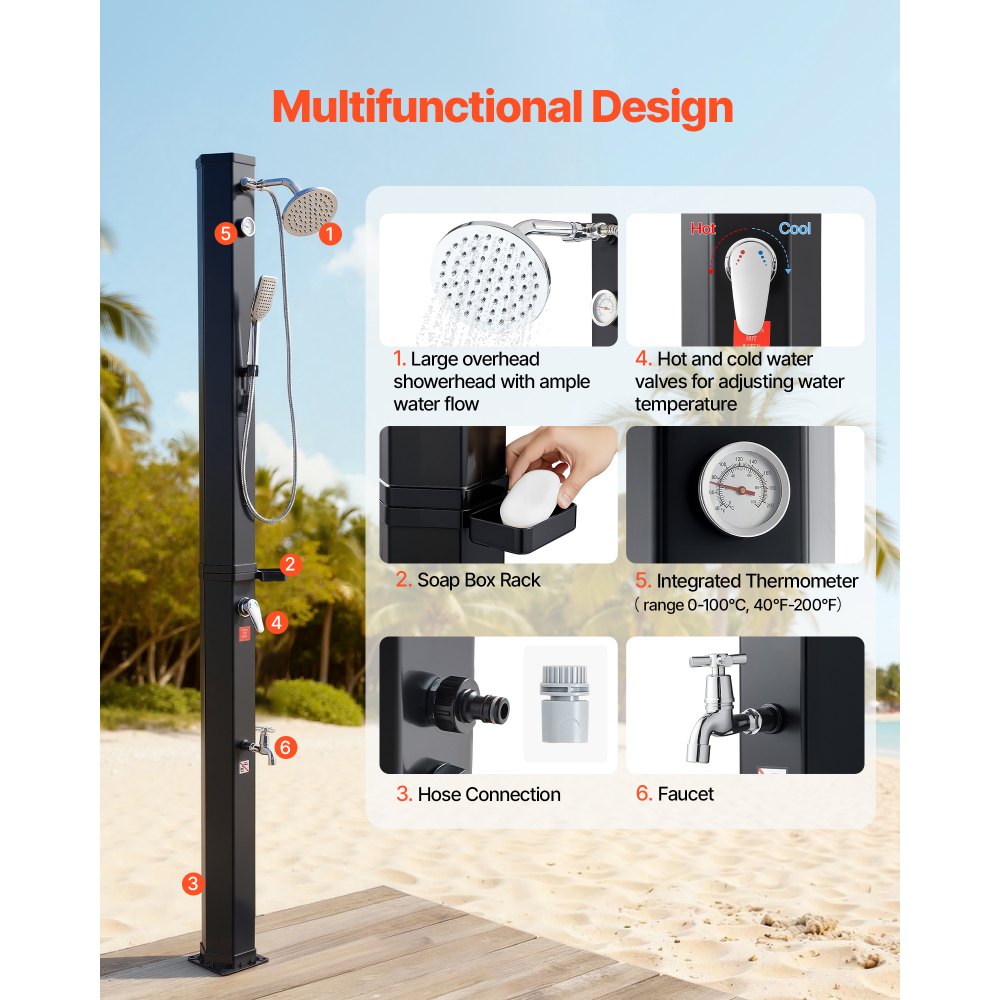 VEVOR 10.6 Gal Solar Heated Shower, 6.7ft Showerhead Height Outdoor Shower, with Handheld & Foot Faucet, Hot & Cold Water Adjustment, Freestanding for Backyard Poolside Beach Pool, Black