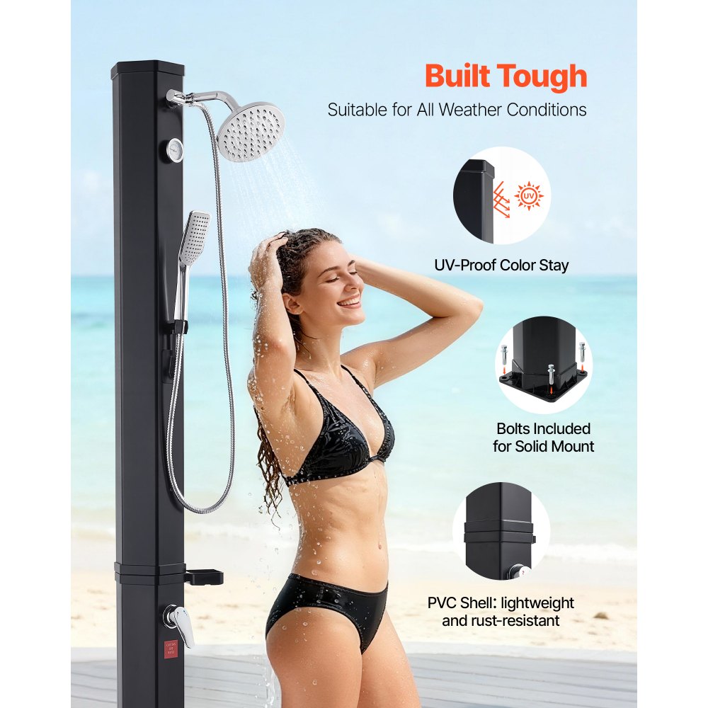 VEVOR 10.6 Gal Solar Heated Shower, 6.7ft Showerhead Height Outdoor Shower, with Handheld & Foot Faucet, Hot & Cold Water Adjustment, Freestanding for Backyard Poolside Beach Pool, Black