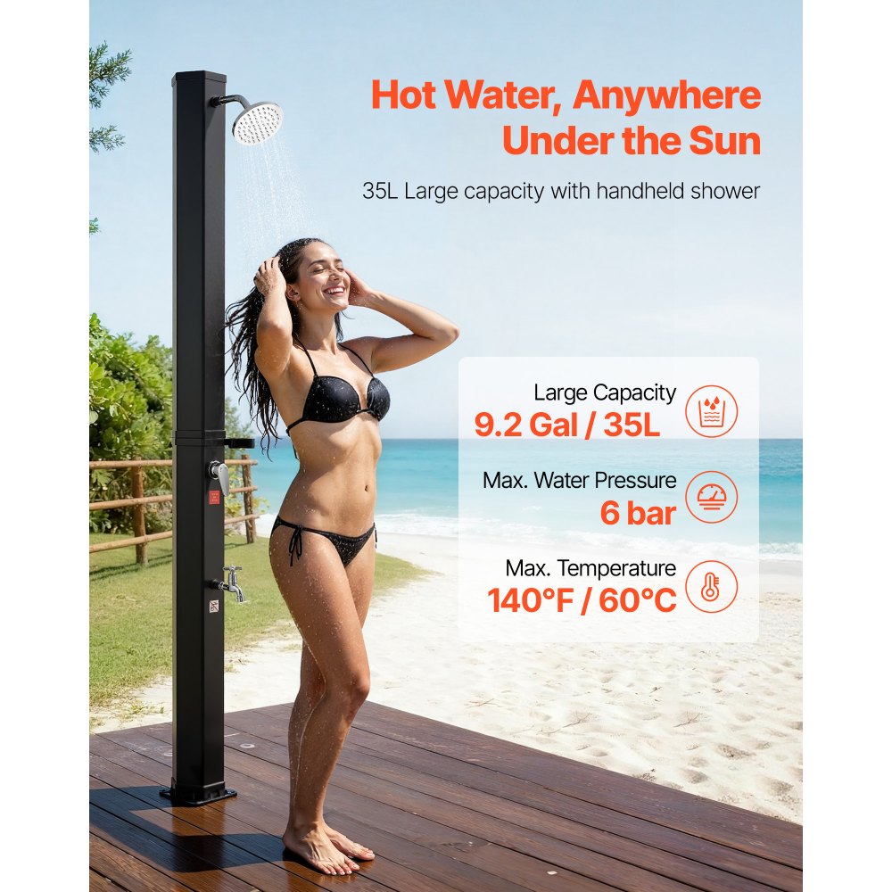 VEVOR 9.2 Gal Solar Heated Shower, 6.4ft Showerhead Height Outdoor Shower, with Foot Faucet & Soap Box Rack, Hot & Cold Water Adjustment, Freestanding for Backyard Poolside Beach Pool,Black