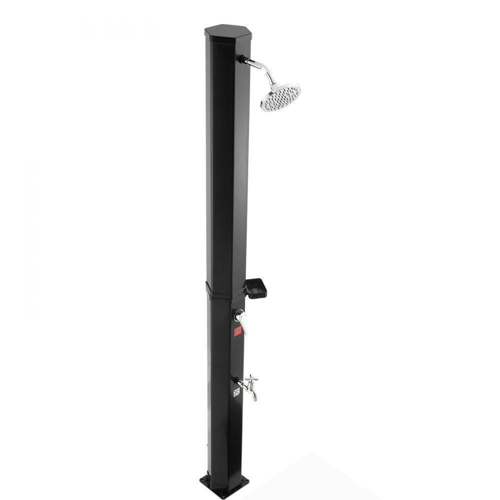 VEVOR 9.2 Gal Solar Heated Shower, 6.4ft Showerhead Height Outdoor Shower, with Foot Faucet & Soap Box Rack, Hot & Cold Water Adjustment, Freestanding for Backyard Poolside Beach Pool,Black