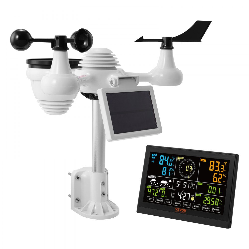 VEVOR 7-in-1 Wi-Fi Weather Station, 7.5 in Color Display, Home Weather Station Indoor Outdoor, with Solar Wireless Outdoor Sensor  Alarm Alerts, for Temperature Humidity Wind Speed/Direction Rain