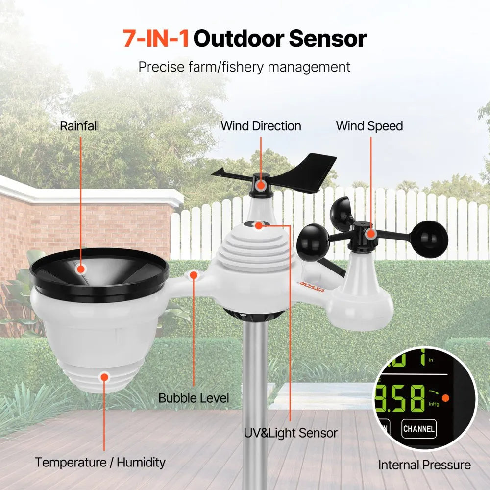 VEVOR 7-in-1 Wireless Weather Station, 7.5 in Color Display, Digital Weather Station Indoor Outdoor, for Temperature Humidity Wind Speed/Direction Rain UV, with Forecast Data, Alarm, Alerts-NO WIFI