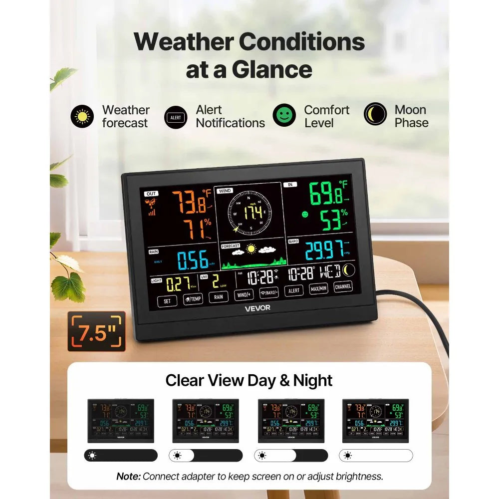 VEVOR 7-in-1 Wi-Fi Weather Station with APP, 7.5-Inch VA Display, Wireless Solar Powered Outdoor Sensor, Rain Gauge, Indoor Outdoor for Weather Forecast, Wind Speed, Temperature, Humidity, Rainfall