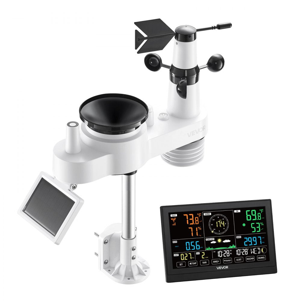 VEVOR 7-in-1 Wi-Fi Weather Station with APP, 7.5-Inch VA Display, Wireless Solar Powered Outdoor Sensor, Rain Gauge, Indoor Outdoor for Weather Forecast, Wind Speed, Temperature, Humidity, Rainfall