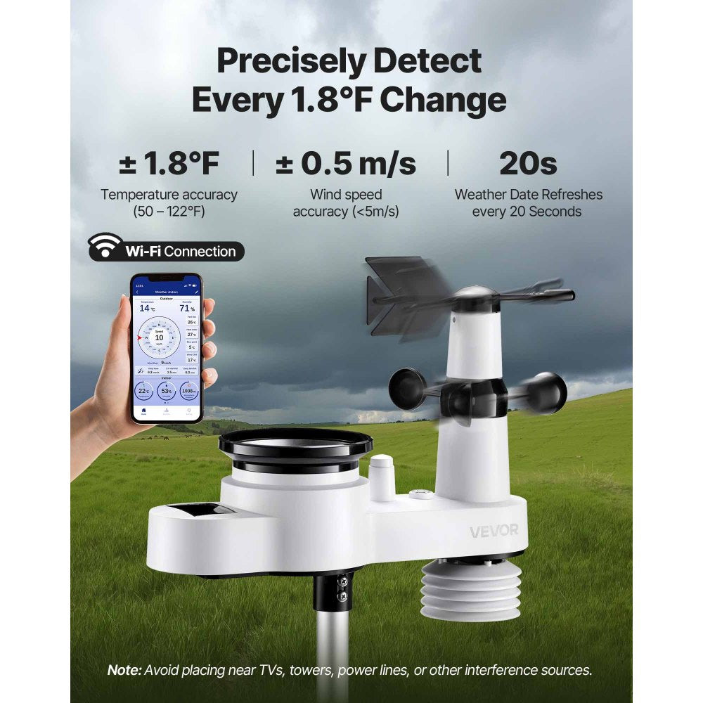 VEVOR 5-in-1 Wi-Fi Weather Station, 7.5-Inch VA Display, Wireless Solar Powered Outdoor Sensor, Rain Gauge, Indoor Outdoor for Weather Forecast, Wind Speed Direction, Temperature, Humidity, Rainfall