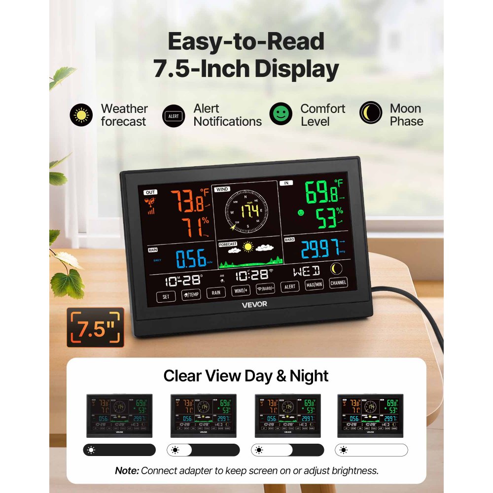 VEVOR 5-in-1 Wi-Fi Weather Station, 7.5-Inch VA Display, Wireless Solar Powered Outdoor Sensor, Rain Gauge, Indoor Outdoor for Weather Forecast, Wind Speed Direction, Temperature, Humidity, Rainfall