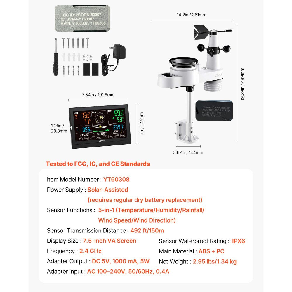 VEVOR 5-in-1 Wi-Fi Weather Station, 7.5-Inch VA Display, Wireless Solar Powered Outdoor Sensor, Rain Gauge, Indoor Outdoor for Weather Forecast, Wind Speed Direction, Temperature, Humidity, Rainfall