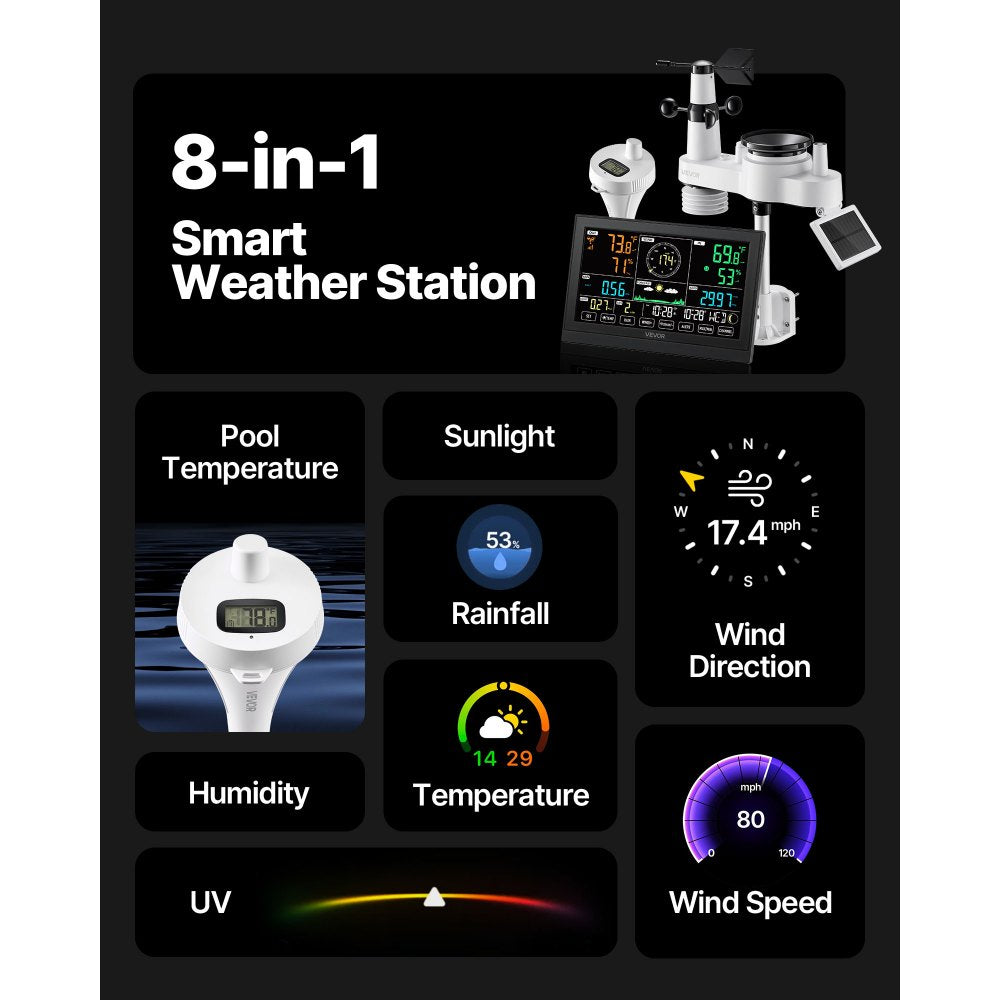 VEVOR 7-in-1 Wi-Fi Weather Station with APP, 7.5 in Display, Wireless Solar Powered Outdoor Sensor, with Pool Thermometer, Rain Gauge, Indoor Outdoor for Weather Forecast, Wind Speed, Pool Temperature