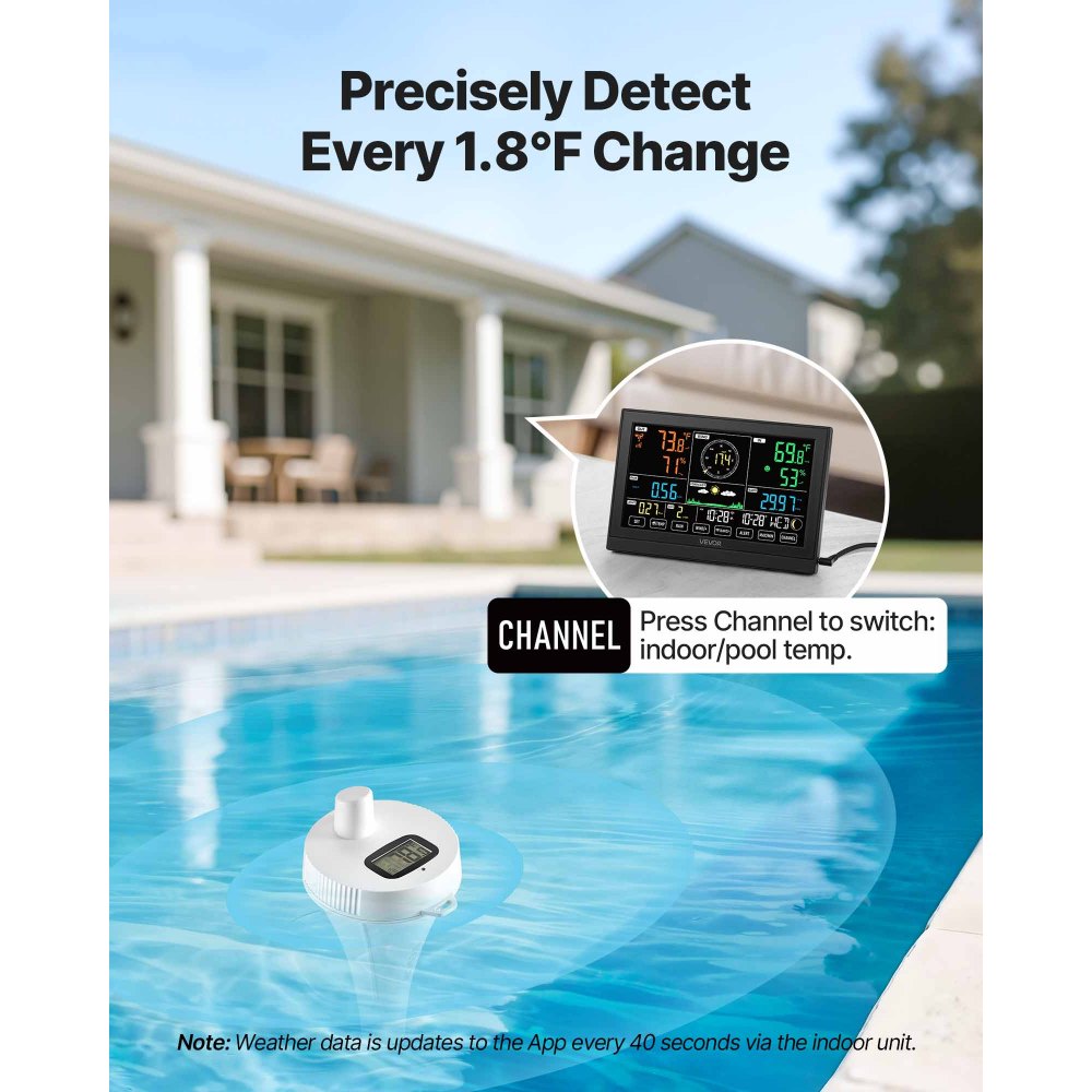 VEVOR 7-in-1 Wi-Fi Weather Station with APP, 7.5 in Display, Wireless Solar Powered Outdoor Sensor, with Pool Thermometer, Rain Gauge, Indoor Outdoor for Weather Forecast, Wind Speed, Pool Temperature