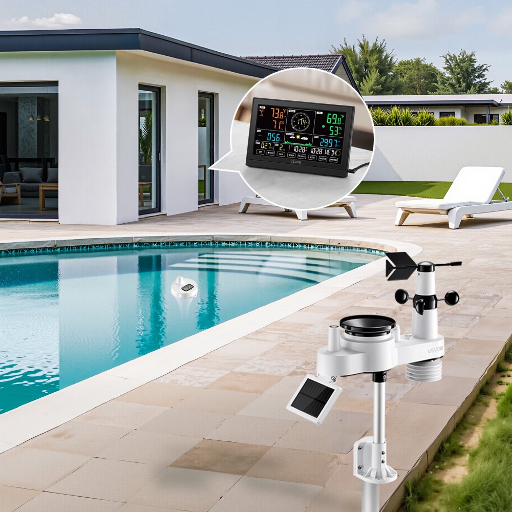 VEVOR 7-in-1 Wi-Fi Weather Station with APP, 7.5 in Display, Wireless Solar Powered Outdoor Sensor, with Pool Thermometer, Rain Gauge, Indoor Outdoor for Weather Forecast, Wind Speed, Pool Temperature