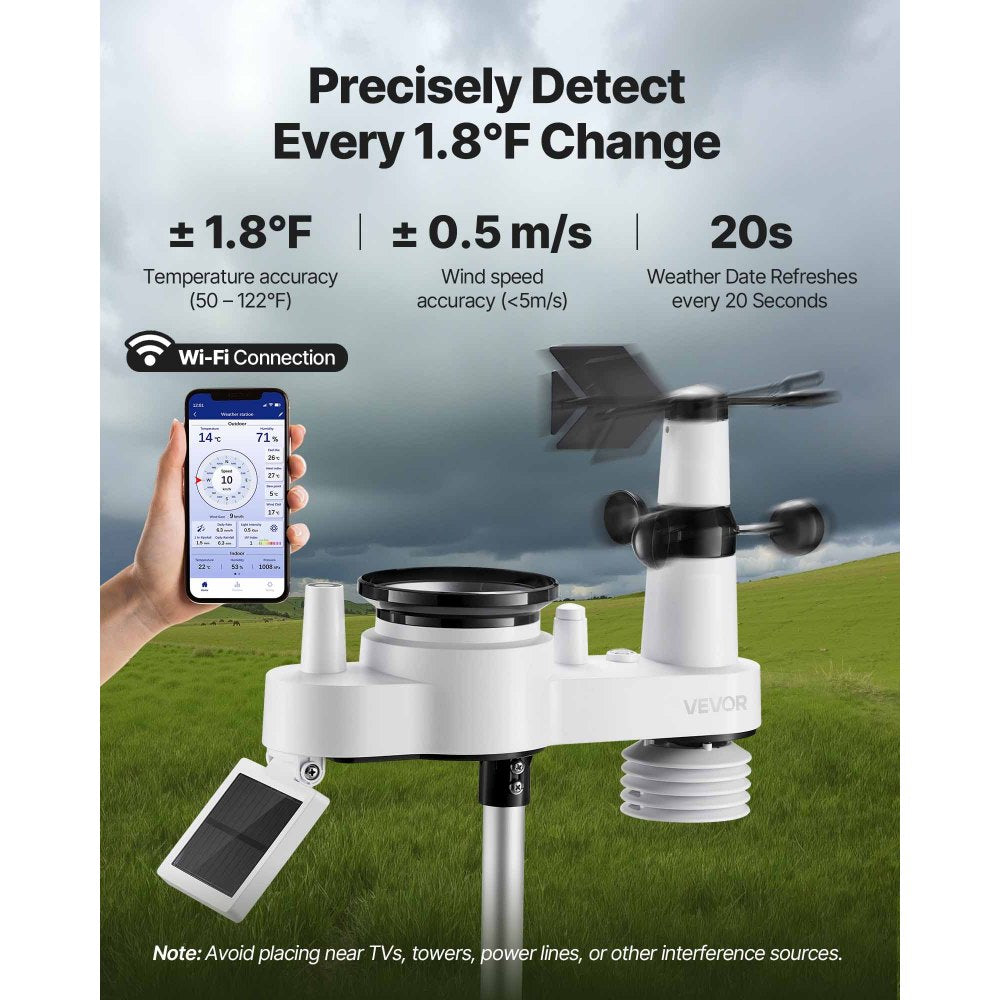 VEVOR 7-in-1 Wi-Fi Weather Station, 7-Inch TFT Display, Wireless Solar Powered Outdoor Sensor, Rain Gauge, Indoor Outdoor for Weather Forecast, Wind Speed Direction, Temperature, Humidity, Rainfall