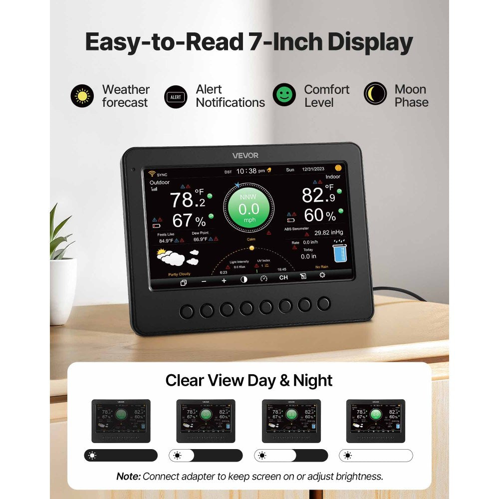 VEVOR 7-in-1 Wi-Fi Weather Station, 7-Inch TFT Display, Wireless Solar Powered Outdoor Sensor, Rain Gauge, Indoor Outdoor for Weather Forecast, Wind Speed Direction, Temperature, Humidity, Rainfall