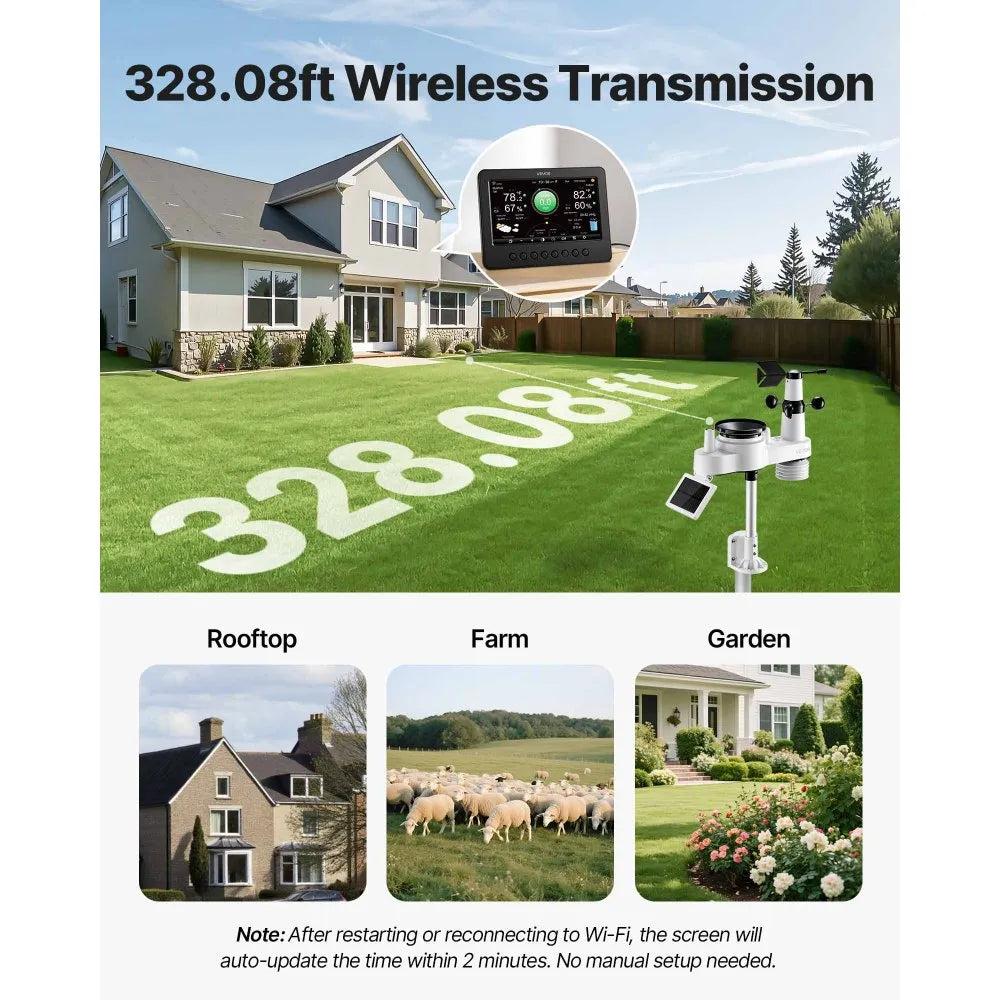 VEVOR 7-in-1 Wi-Fi Weather Station, 7-Inch TFT Display, Wireless Solar Powered Outdoor Sensor, Rain Gauge, Indoor Outdoor for Weather Forecast, Wind Speed Direction, Temperature, Humidity, Rainfall