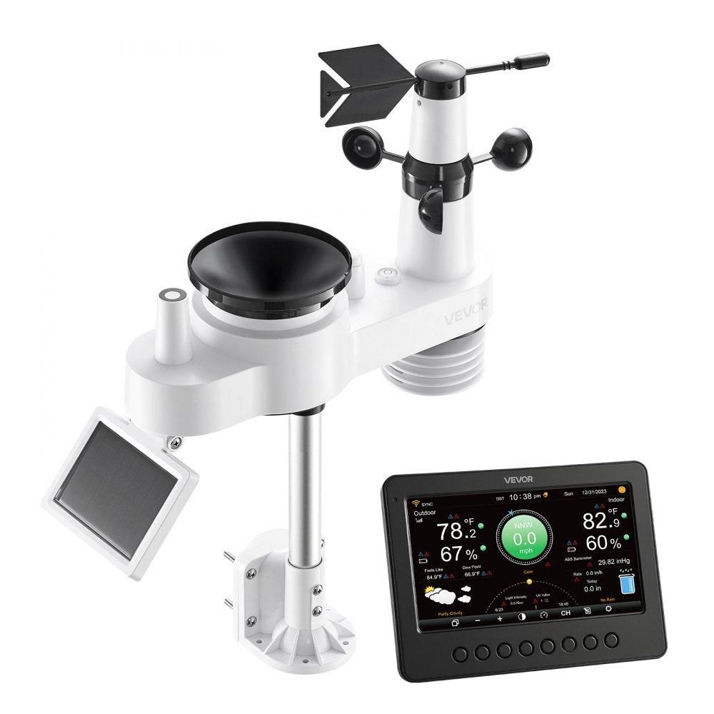 VEVOR 7-in-1 Wi-Fi Weather Station, 7-Inch TFT Display, Wireless Solar Powered Outdoor Sensor, Rain Gauge, Indoor Outdoor for Weather Forecast, Wind Speed Direction, Temperature, Humidity, Rainfall