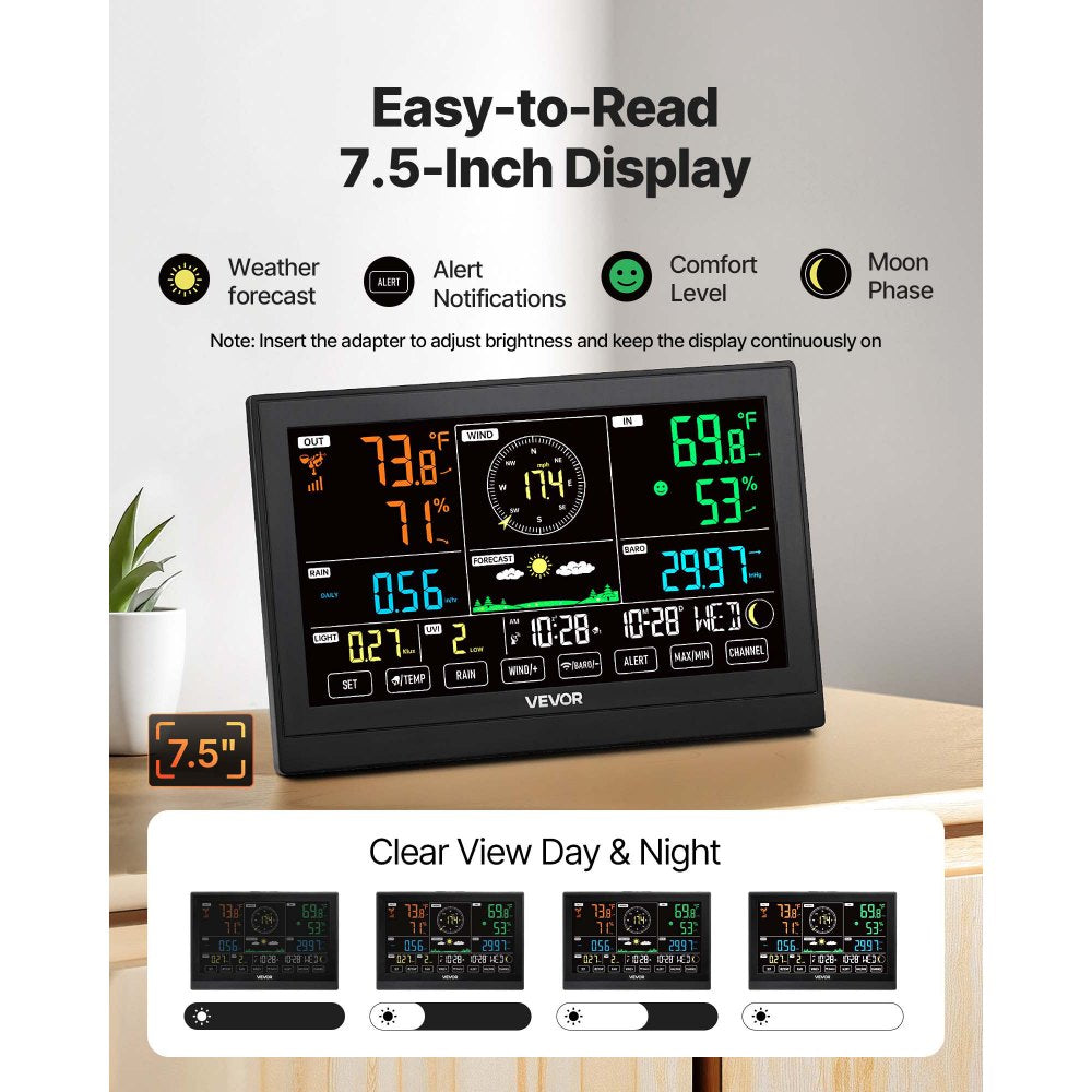 VEVOR 7-in-1 Wireless Weather Station, 7.5-Inch VA Display, Solar Powered Outdoor Sensor, Rain Gauge, Indoor Outdoor for Weather Forecast, Temperature, Humidity, Wind Speed and Direction (No WiFi)