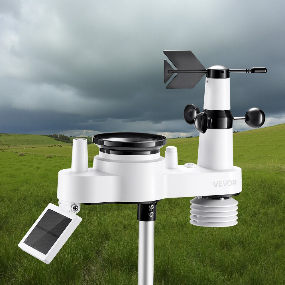 VEVOR 7-in-1 Wireless Weather Station, 7.5-Inch VA Display, Solar Powered Outdoor Sensor, Rain Gauge, Indoor Outdoor for Weather Forecast, Temperature, Humidity, Wind Speed and Direction (No WiFi)