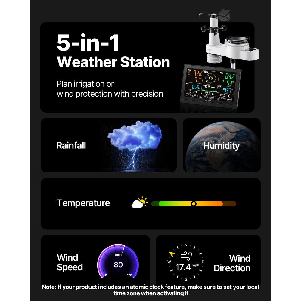 VEVOR 5-in-1 Wireless Weather Station, 7.5-Inch VA Display, Solar Powered Outdoor Sensor, Rain Gauge, Indoor Outdoor for Weather Forecast, Temperature, Humidity, Wind Speed and Direction (No WiFi)