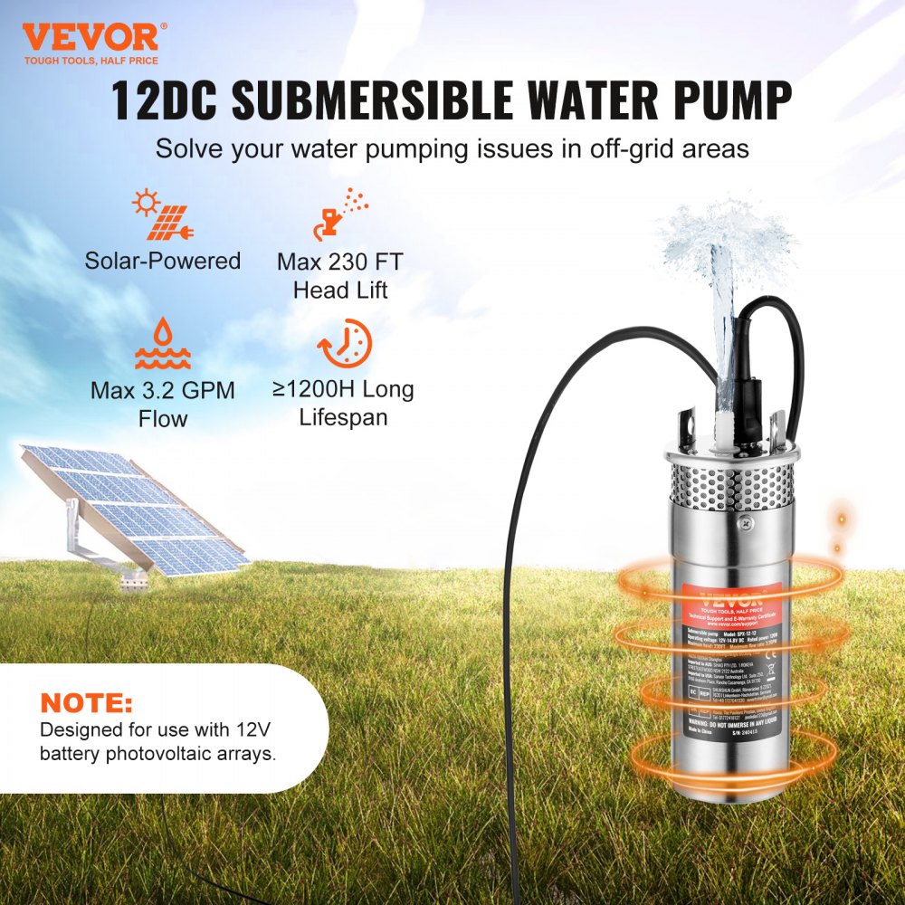 VEVOR Solar Water Pump, 12V DC 120W Submersible Deep Well Pump, Max Flow 3.2 GPM, Max Head 230 ft, Max Submersion 98.4 ft, Solar Powered Water Pump for Well