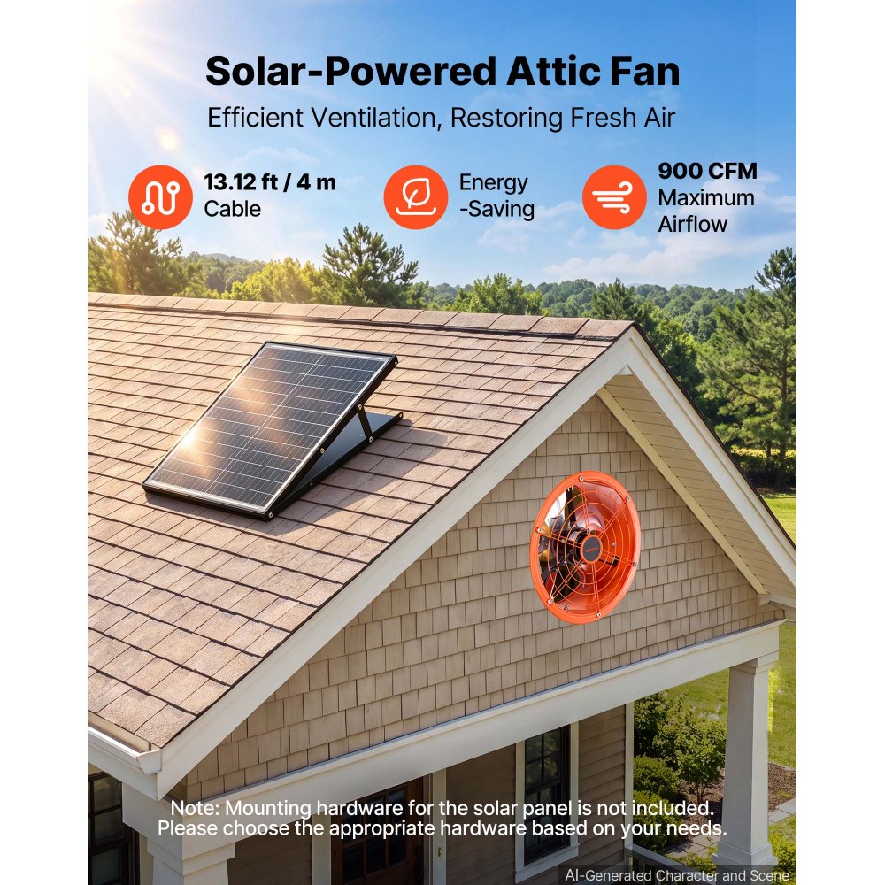 VEVOR Gable Mount Fan, 12 inch Solar Attic Vent Exhaust Fan Carbon Steel, 900 CFM Cooling and Ventilation for Roof, Greenhouse, Garage, Shop, Small Spaces, with Thermostat and Power Adapter, Orange