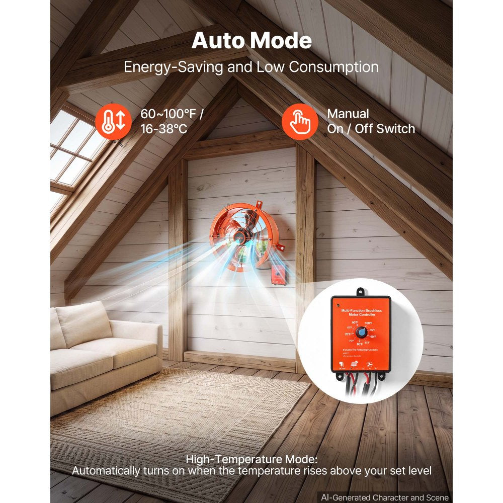 VEVOR Gable Mount Fan, 12 inch Solar Attic Vent Exhaust Fan Carbon Steel, 900 CFM Cooling and Ventilation for Roof, Greenhouse, Garage, Shop, Small Spaces, with Thermostat and Power Adapter, Orange