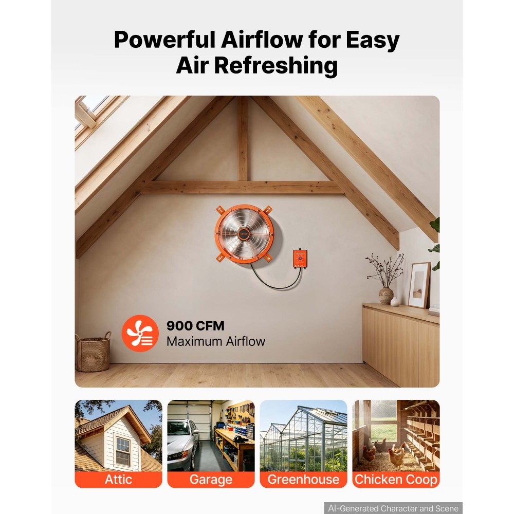 VEVOR Gable Mount Fan, 12 inch Solar Attic Vent Exhaust Fan Carbon Steel, 900 CFM Cooling and Ventilation for Roof, Greenhouse, Garage, Shop, Small Spaces, with Thermostat and Power Adapter, Orange