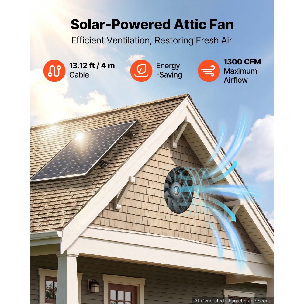 VEVOR Gable Mount Fan, 12 inch Solar-Powered Attic Vent Exhaust Fan Black, 1300 CFM Cooling & Ventilation for Roof, Greenhouse, Garage, Shop, with Thermostat & Mounting Brackets, Lightweight PP