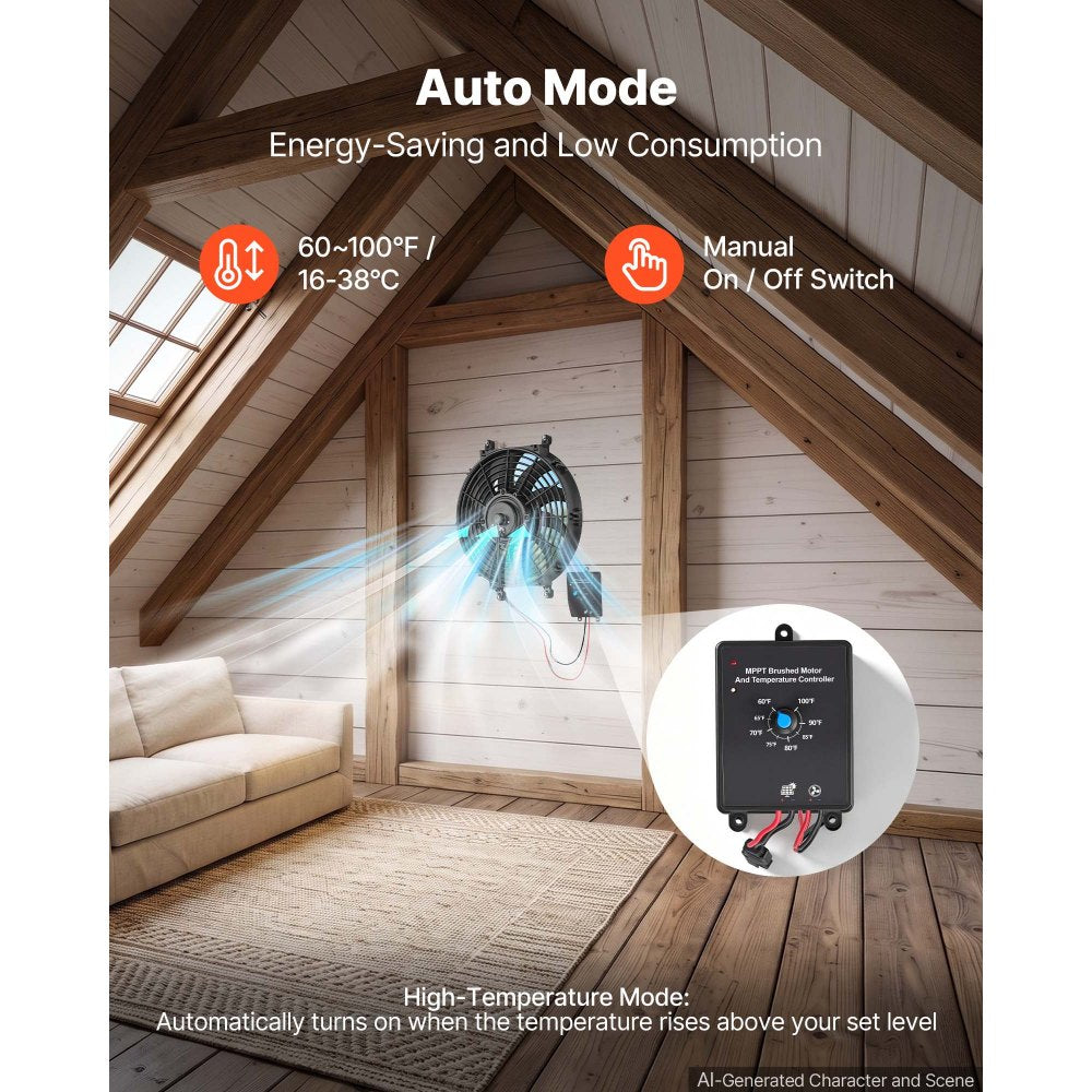 VEVOR Gable Mount Fan, 12 inch Solar-Powered Attic Vent Exhaust Fan Black, 1300 CFM Cooling & Ventilation for Roof, Greenhouse, Garage, Shop, with Thermostat & Mounting Brackets, Lightweight PP