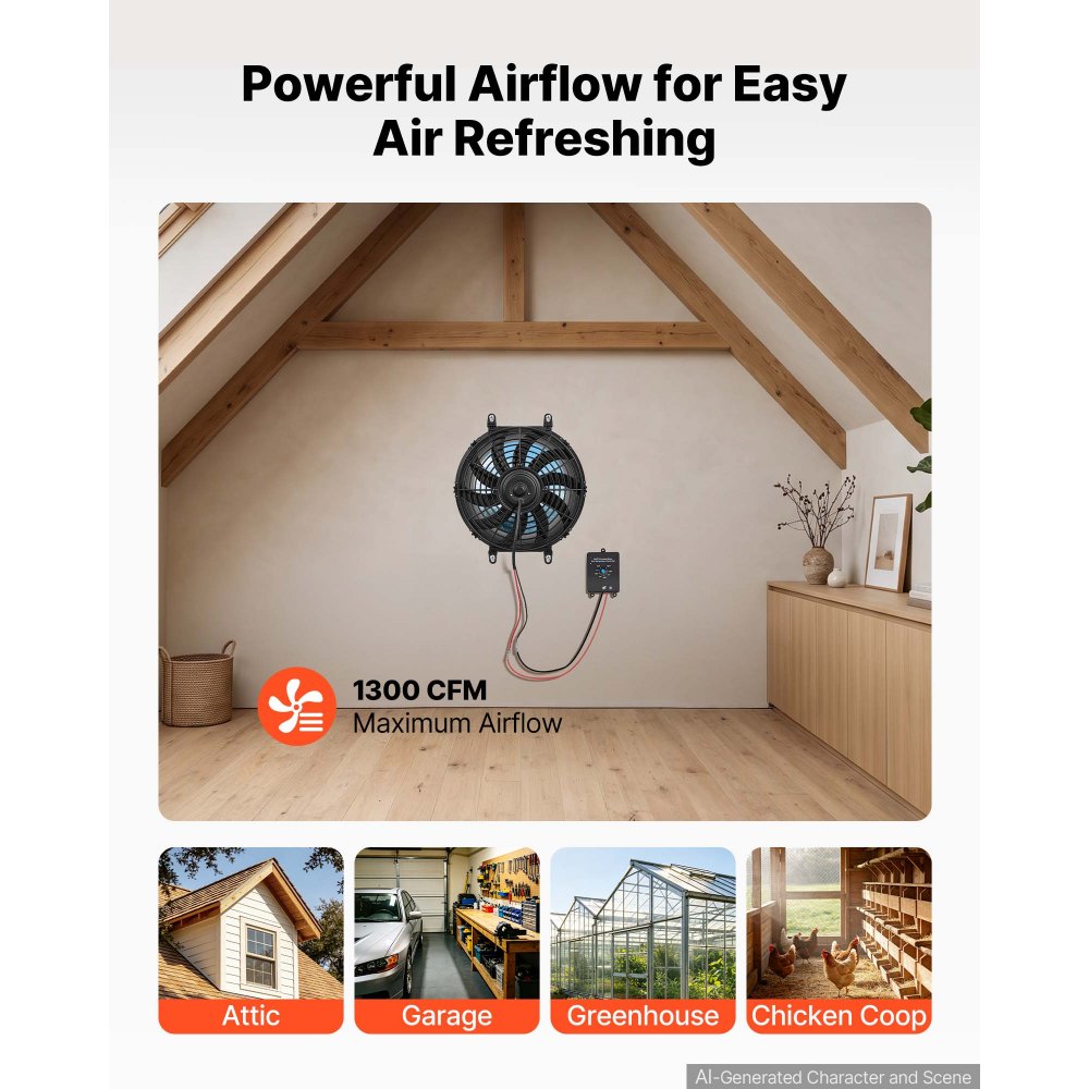 VEVOR Gable Mount Fan, 12 inch Solar-Powered Attic Vent Exhaust Fan Black, 1300 CFM Cooling & Ventilation for Roof, Greenhouse, Garage, Shop, with Thermostat & Mounting Brackets, Lightweight PP