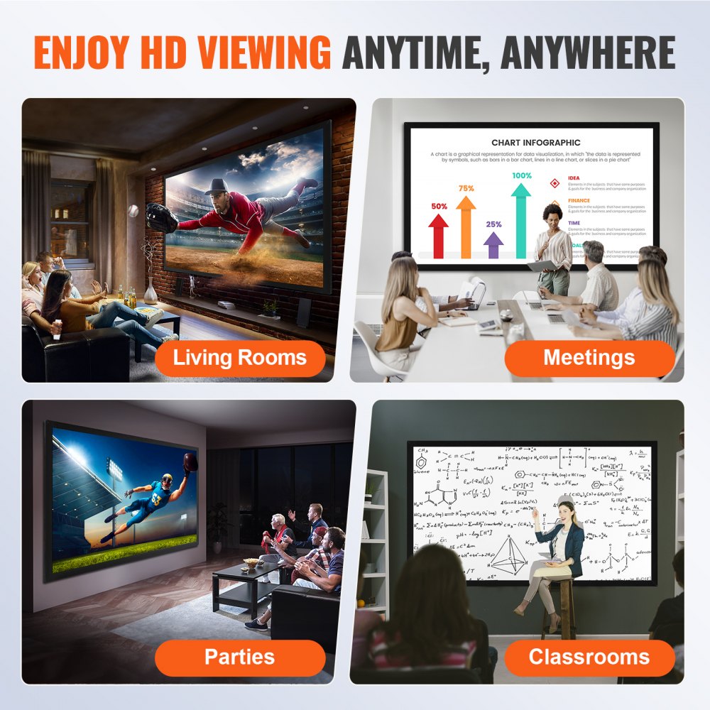 VEVOR Projector Screen Fixed Frame 100inch Diagonal 16:9 4K HD Movie Projector Screen with Aluminum Frame Projector Screen Wall Mounted for Home Theater Office Use