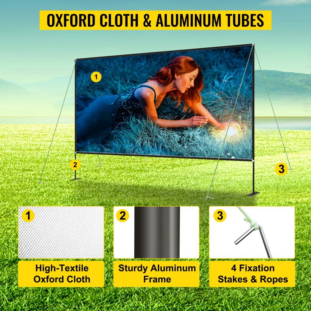 VEVOR Outdoor Movie Screen with Stand, 90\" Portable Movie Screen, 16:9 HD Wide Angle Outdoor Projector Screen, Front & Rear Projection, with Storage Bag & Stand for Office Home Theater Outdoor Indoor